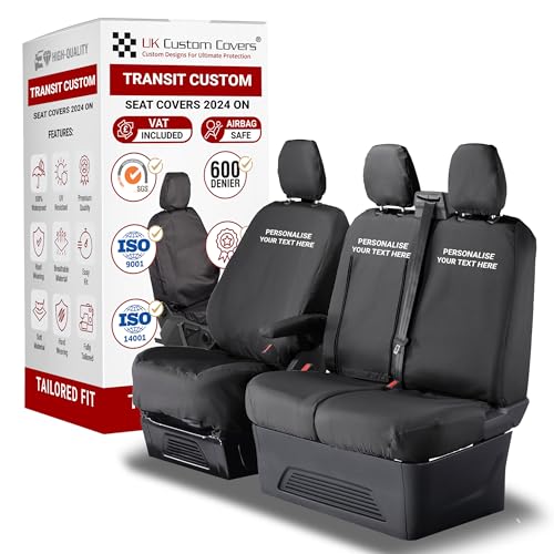 Personalised Seat Covers to fit the Ford Transit Custom 2024 On Waterproof Heavy Duty Seat Mounted Airbag Compatible Durable Easy Fit - Tailored Driver & Double Passenger Seat Covers With Tray