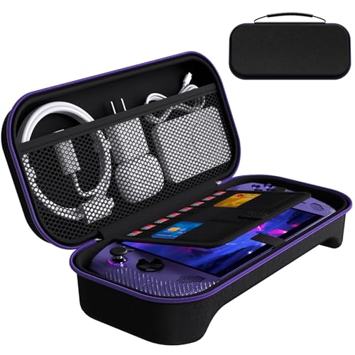 ivoler Carrying Case for lenovo legion go S 2025 Portable Hard Shell Pouch Travel Bag Built-in Gaming Charger Dock Storage Holds 8 MicroSD and 2 Credit Sized Cards -Black+Purple