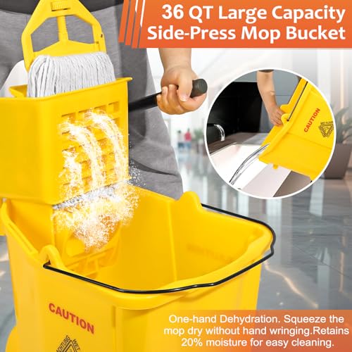 Image of 35 Qt Commercial Mop Bucket with Side Press Wringer on Wheels Set | Including 35 Quart Industrial Mop Bucket |1 Commercial Mop |1 Wet Floor Caution Sign | Yellow