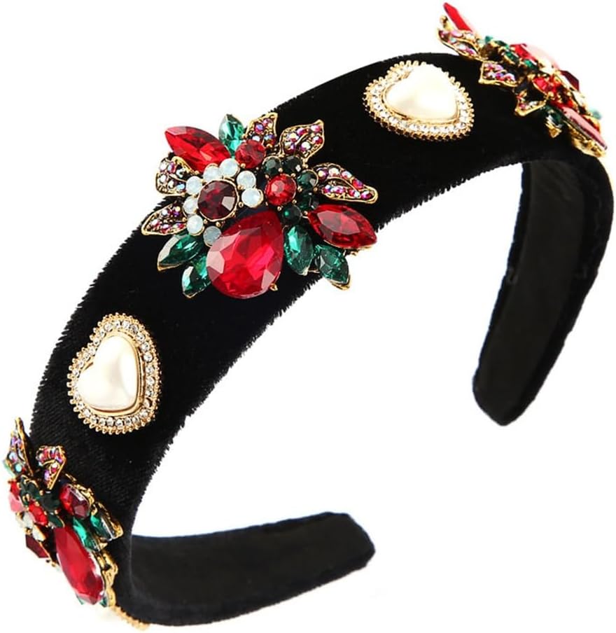 Velvet Fabric with Colorful Diamonds Flower Heart Pearl Hair Band Vintage