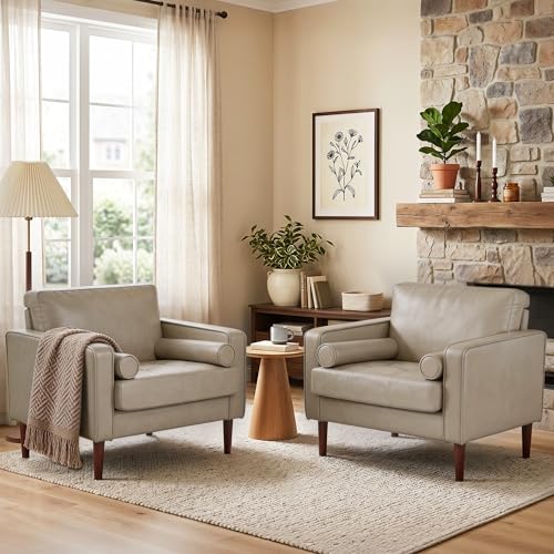 Image of Faux Leahter Accent Chairs Stet of 2, Comfy Upholstered Armchairs for Living Room, Modern Bedroom Reading Seat with 2 Bolster Pillows, Cream