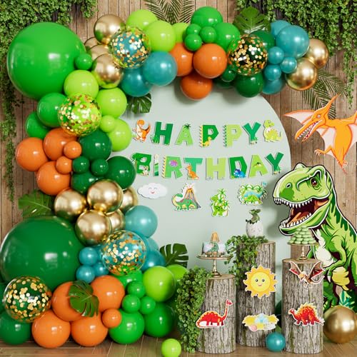 Adeyoo 156Pcs Dinosaur Balloons Arch Kit Garland - Dinosaur Birthday Party Decorations with Green Blue Orange Gold Latex Confetti Balloons Happy Birthday Banner for Jungle Safari Theme Party Supplies