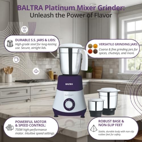 Image of BALTRA Platinum-3 BMG 182 Mixer Grinder 550 Watt | 3 Stainless Steel Jars for Powerful Grinding | Adjustable Speed Control | Durable Overload Protection | Low Noise Operation - 2 Year Warranty