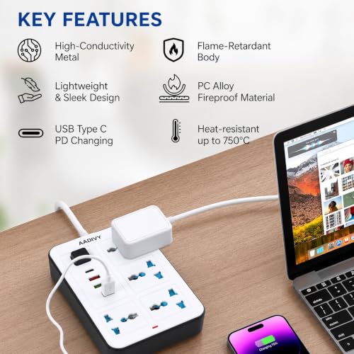 Image of 8 in1 Universal Extension Board with 4 Sockets 3 USB Ports, 1 PD Type-C Fast Charging | 2500W Heavy Duty Power Strip with Switch | 1.8 M, Cord for Home Office TV Computer Mobile