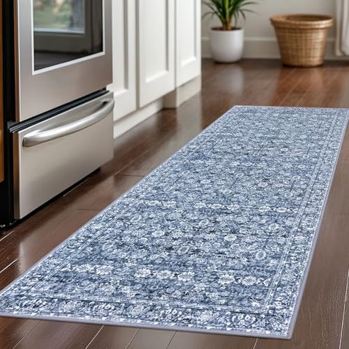 2x5 Washable Small Area Rug for Entryway, Blue Soft Non-Slip Indoor Door Mat Distressed Floral Low-Pile Rus Neutral Vintage Carpet for Entrance Kitchen Bedside Farmhouse