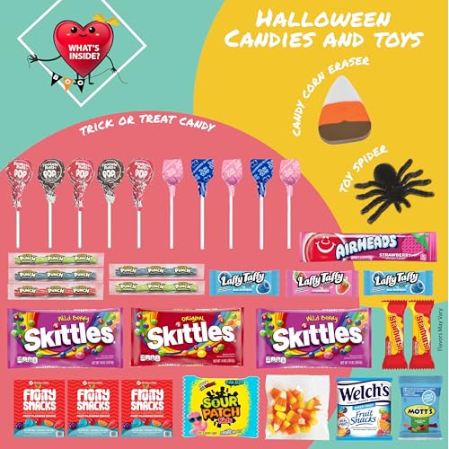 Image of Gift A Snack - Halloween Candies Trick or Treats, Snack Box Care Package + Greeting Card (60 Count) Sweet Treats Gift Basket, Corn Candy Scary Spiders Stuffers Chips - Office Food Assortments