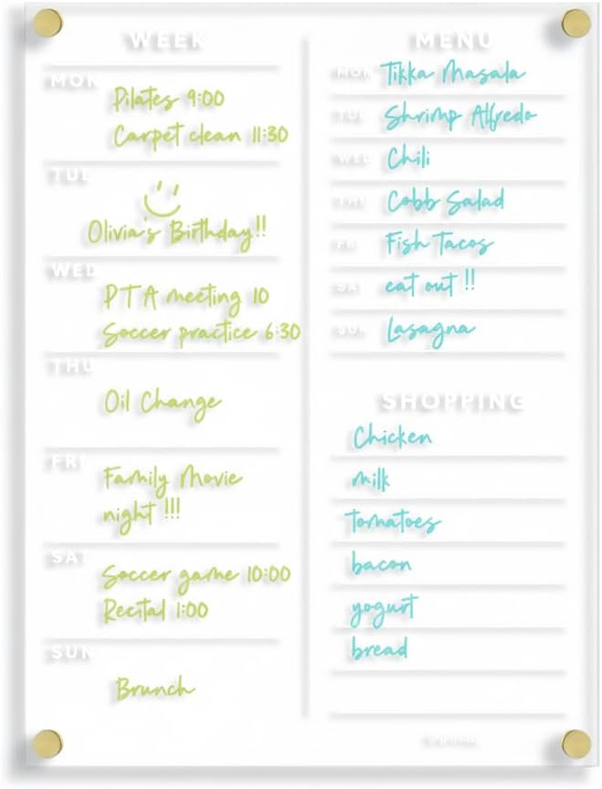 Magnetic Acrylic Week,Menu,Shopping Calendar for Fridge, Wet/Dry-Erase Board for Refrigerator, Includes Magnetic Wet-Erase Marker, Optional Color Marker Set