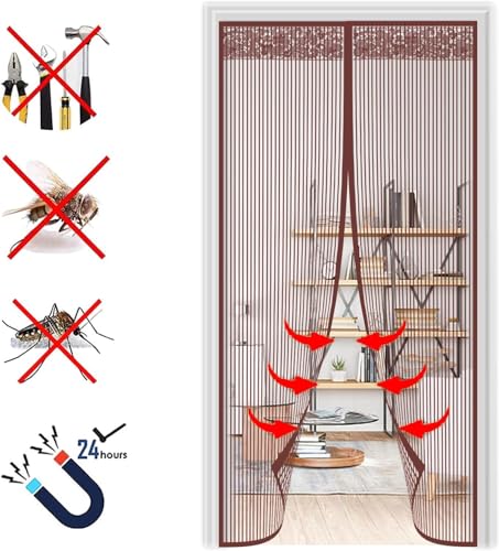 Image of Polyester Magnetic Mosquito Net Planet Theme Curtain Compatible with All Door Types & Sizes Auto-Closing Insect Screen with Self Adhesive Hook Tape (200 * 100 cm-Brown)