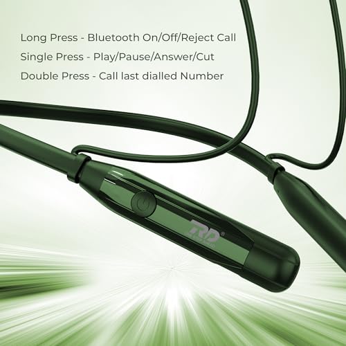 Image of RD Telinet M-15 Jolt Wireless Bluetooth Neckband Earphones, 66H Playtime, 15mm Dynamic Drivers, Bluetooth v5.3, ENC Calling, Dual Pairing, Fast Charging, IPX5 Water Resistant, Deep Bass - Green