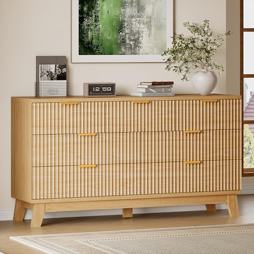 Image of BORNOON 57 inch Long Dresser for Bedroom, 7-Drawer Fluted Chest, Wide Wood Storage Dresser with Metal Slides and Handles, Stable Base, Modern Clothes Organizer for Primary Suite, Guest Room, Nursery