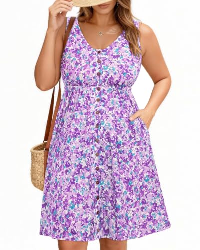 Image of Holipick Women's Plus Size Summer Dresses for Women Casual Dress with Pockets A-Line Swing Button Down Sleeveless V Neck