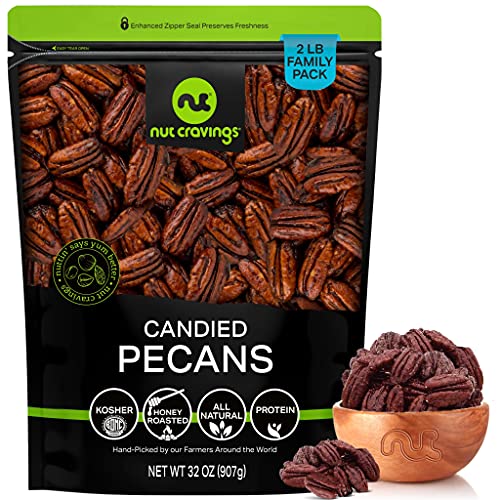 Candied Pecans Honey Glazed Praline, No Shell (32oz - 2 LB) Bulk Nuts Packed Fresh in Resealable Bag - Healthy Protein Food Snack, All Natural, Keto Friendly, Vegan, Kosher - Prime