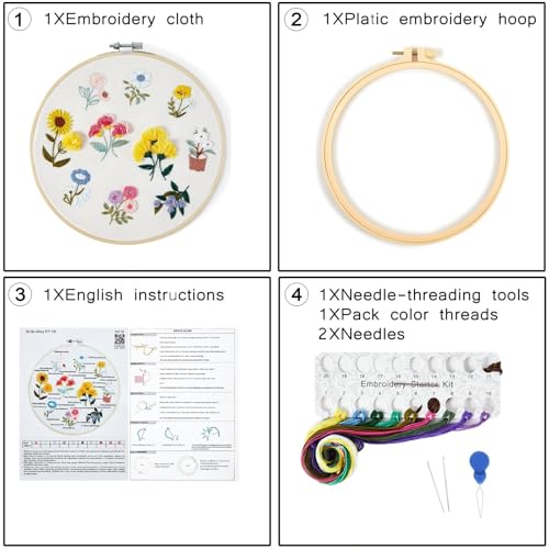 Image of Embroidery Kit for Beginners Adults, Cute Flowers Embroidery Starter Kits, Floral Stamped Cross Stitch Kits for Beginner Adults Craft Kits for Women, Entire Set of Embroidery Supplies & Video Tutorial