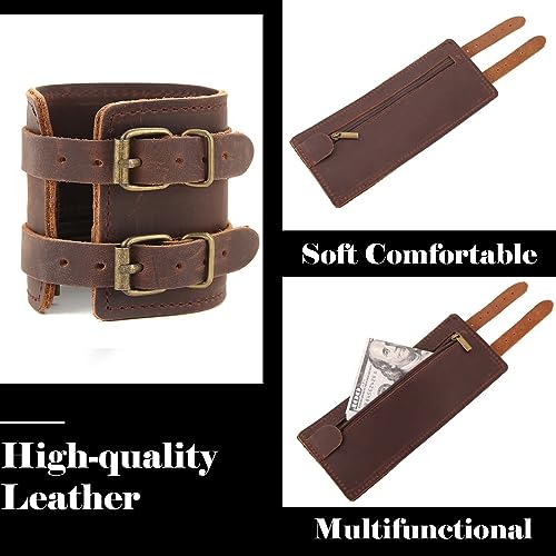 HZMAN Leather Wrist Wallet Cuff Bracelet for Men Hidden Pocket for Cash Invoice Multifunction Handmade Adjustable Brown Bracelet2