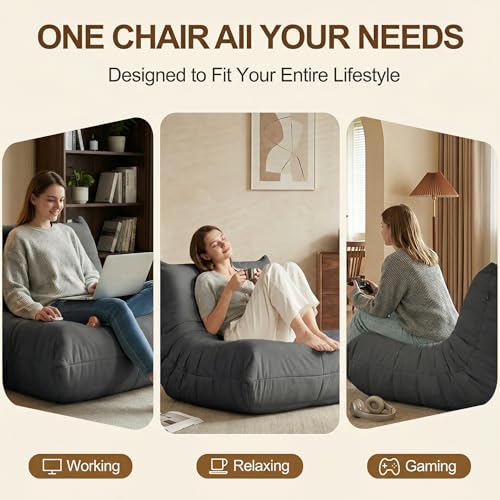 Image of Gazecaia Comfy Bean Bag Chair for Adults Teens | Fireside Floor Lounge Chair,Soft Suede High-Resilience Memory Foam Bean Bag Couch with Non-Slip Base,for Living Room Bedroom Apartment Office,Dark Gray
