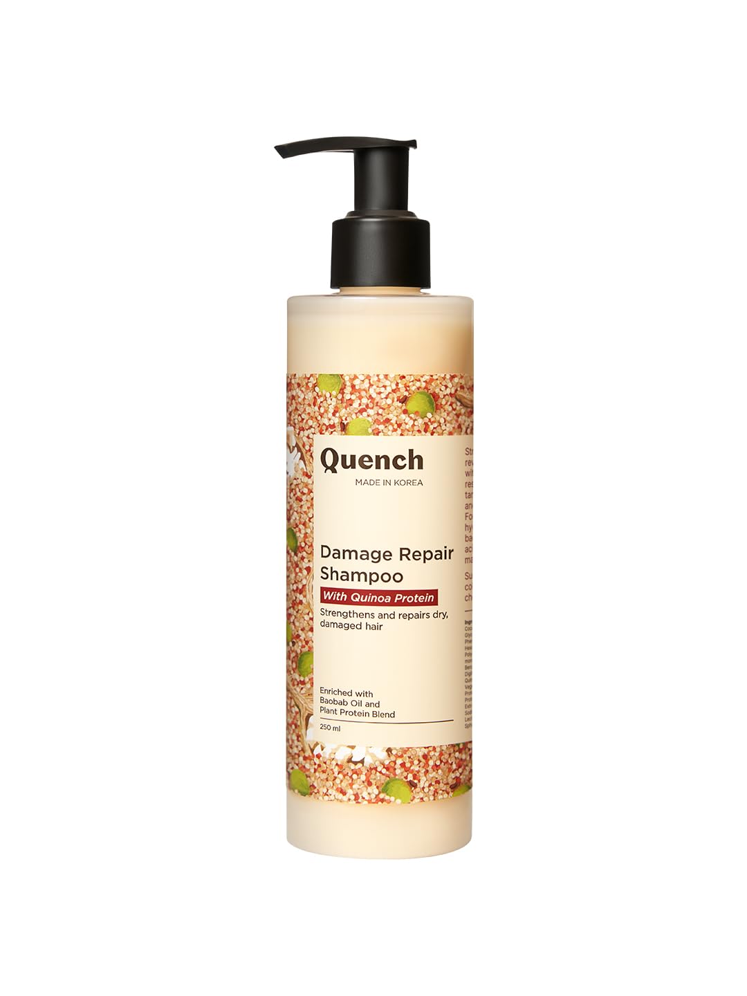 QUENCH Damage Repair Shampoo With Quinoa Protein & Ceramides For Dry & Damaged Hair, Deeply Conditions & Improves Hair Texture, Prevents Split Ends, Made In Korea (250Ml)