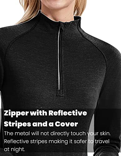 Womens 100% Merino Wool Base Layer Top 220 Midweight Zip Neck Tops for Ski4