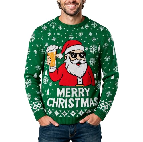 Ugly Christmas Sweater for Men Funny Santa Beer Snowflake Pullover Green