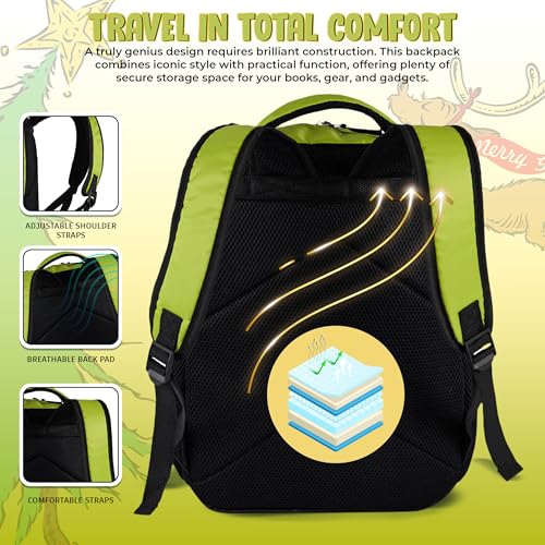 Image of AI ACCESSORY INNOVATIONS Dr. Suess's The Grinch Backpack for Boys & Girls Featuring a Big Face Grinch, 16 inchBookbag w /Molded Nope Dangle, Green