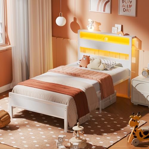 Image of Furnulem Twin Bed Frames with Charging Station and LED Lights, Twin Size Platform Bed with Metal Slats, Wood Headboard with 2-Tier Storage Shelves, No Box Spring Needed, White