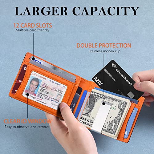 Mens Wallet With Money Clip Minimalist Wallet For Men with ID Window Minimalist Leather Bifold RFID Blocking with 12 Credit Card Slots Bifold Leather Large Capacity with Gift Box(Orange)2