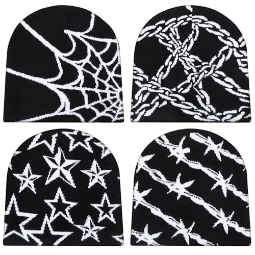 Image of Ramede 4 Pcs Y2k Beanie - Double Sided Graphic Beanies for Men and Women, Acrylic Knitted Y2k Hats Accessories