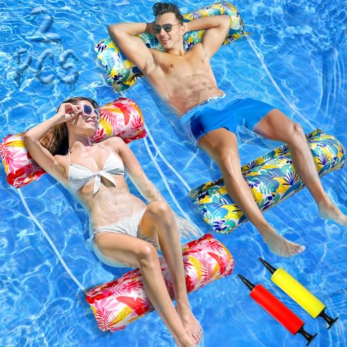 ZPQAODI Colchoneta Piscina Adultos, 2PCS Hamaca Inflable, 4 en 1 Hamaca Inflable Piscina con 2 Bomba de Aire, Multi-Propósito Tumbona Piscina Flotador de Agua Portátil para Piscina, Playa