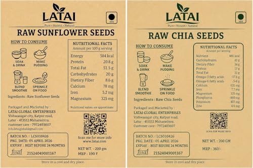 Image of LATAI Energy & Nutrition Seeds Combo Pack of 2 | Raw Chia Seeds & Sunflower Seeds | Naturally Rich in Omega 3, Protein, Fiber & Vitamin E | 200g Each (400g Total) | 100% Natural, Gluten Free