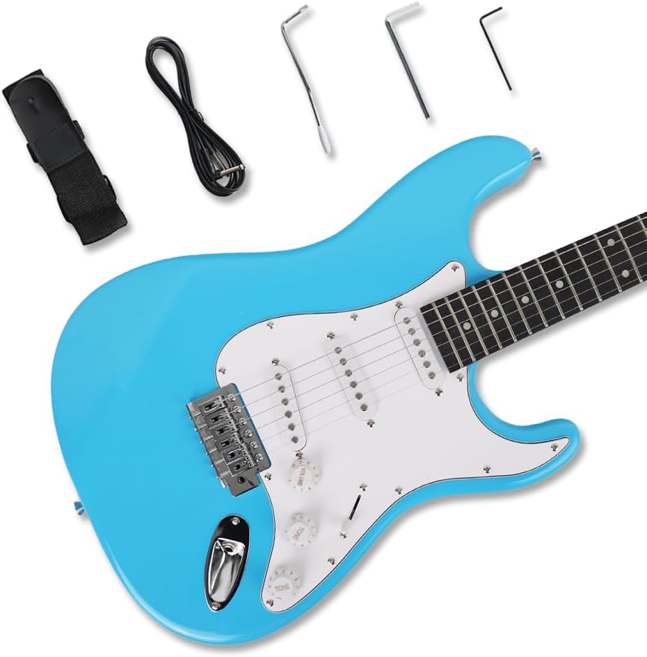 Electric guitar full size 39''glossy blue color sss configuration single tremolo bridge 5ways toggle 1V 2T 22 frets maple neck solid phoenix body portable for beginner starter practice (YST)