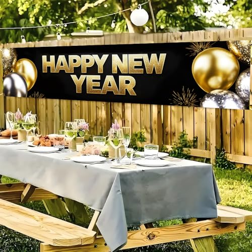Image of Happy New Year Banner 78.7 x 17.7 Inch Gold and Silver Balloons Sparkling Confetti Design for Holiday Party Decoration Indoor Outdoor Wall Fence or Stage Background Celebration Display