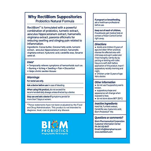 Rectibiom Probiotic Hemorrhoid Relief Suppositories With Skin Soothing Natural Ingredients, Fast Relief. Hyaluronic Acid And Turmeric Extract, Vegan, Gluten-Free Formulation #TOP2