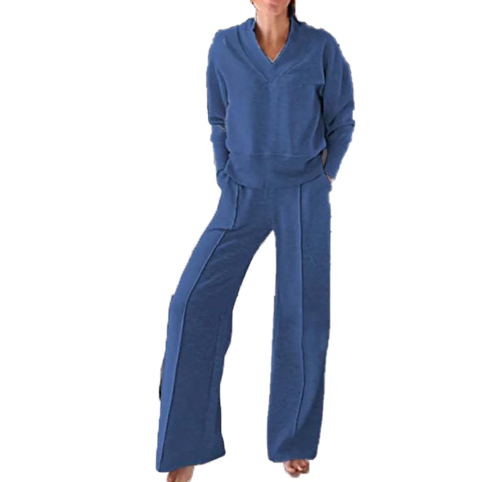 Conjunto de Dos Piezas de Top y pantalón con Escote en V de Color Liso para Mujer, Conjuntos Casuales de Mujer con Pantalones Largos de Pierna Ancha, Conjunto de salón de otoño (S,Blue)