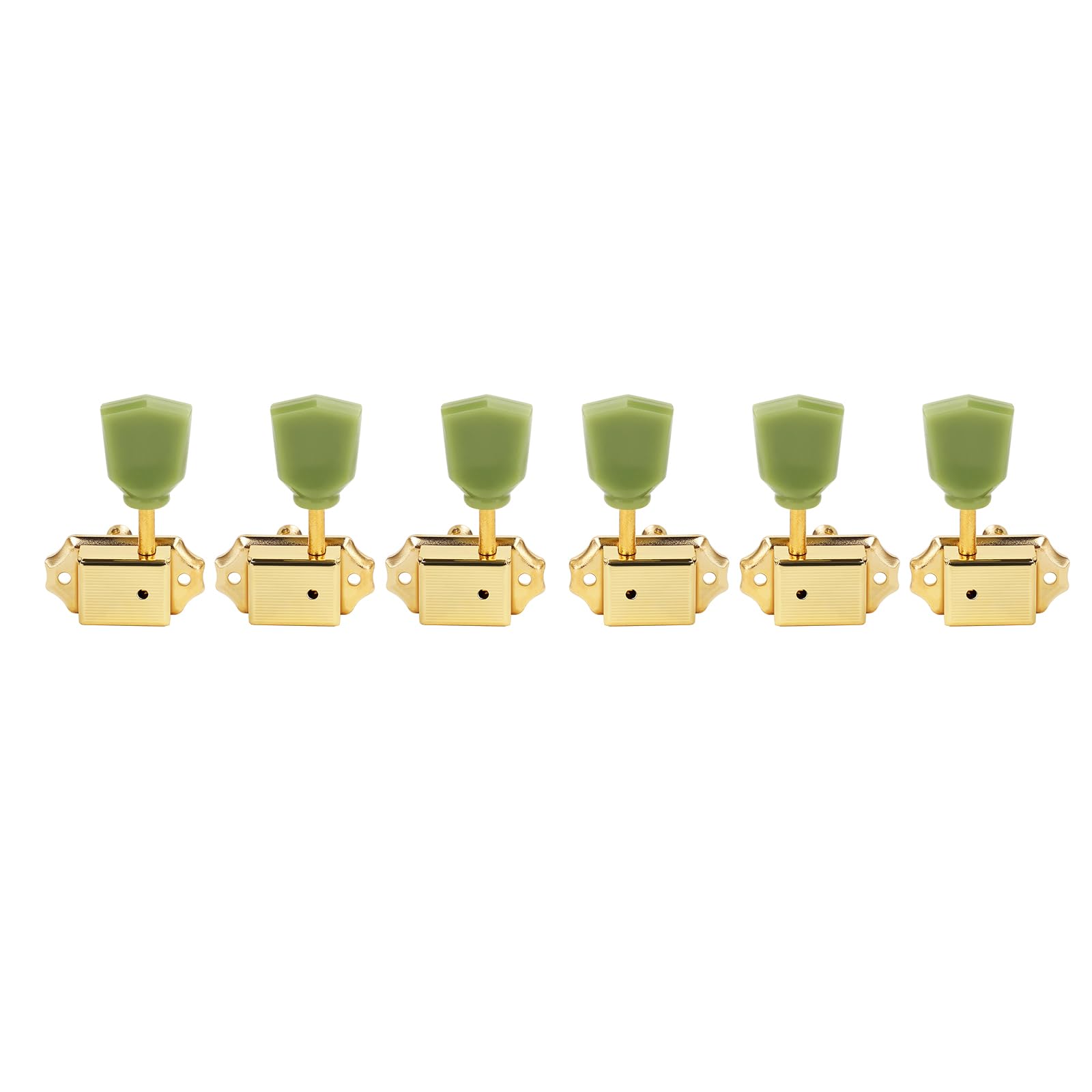 Banworks Vintage '50s Style Guitar Tuning Pegs Keys 15:1 Ratio 3L3R Guitar String Tuning Machines 8mm (5/16") Peg Holes for Les Paul LP SG ES Pack of 6 JT/JXQ-06 Golden with Green Keystone Button - Image 4