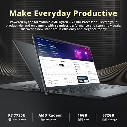 Image of Dell Inspiron 15.6 inch Anti-Glare FHD Touchscreen Laptop, AMD Ryzen 7 7730U, 16GB DDR4 RAM, 672GB Storage(512GB SSD+160GB Docking Station Set), AMD Radeon Graphics, Number Pad, Webcam, Win 11 Pro, Black