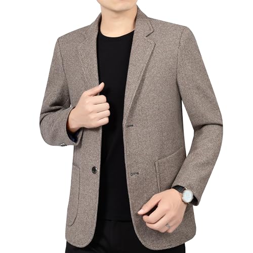 Men Casual Wool Blend Suit Blazer Herringbone Tweed Two Button Business Jacket Lightweight Wedding Sport Coat (Brown,Large)