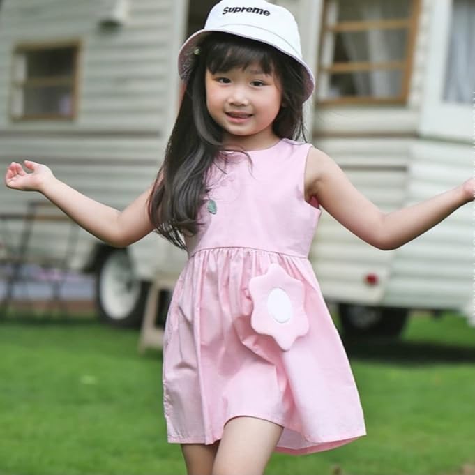 Girls Cotton Sleeveless Dress, Pink Summer Dress with Flower Accent, Embroidered Necklace Design3