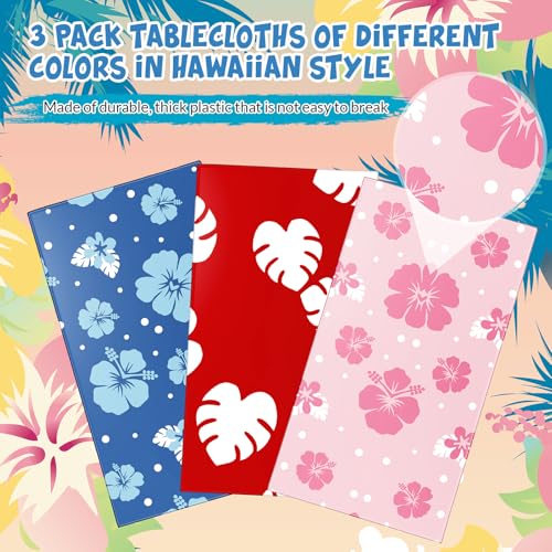 Image of Oudain 3 Sheets Hawaii Hibiscus and Tropical Leaves Tablecloth Birthday Party Decorations Blue Alien Cartoon Table Covers for Birthday Party Supplies