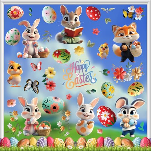 9 Sheets Easter Window Clings 3D Cartoon Egg Bunny Rabbit Chick Butterfly Window Decals Double-Sided Spring Decor for Home Office School Shop Glass Display Party Supplies