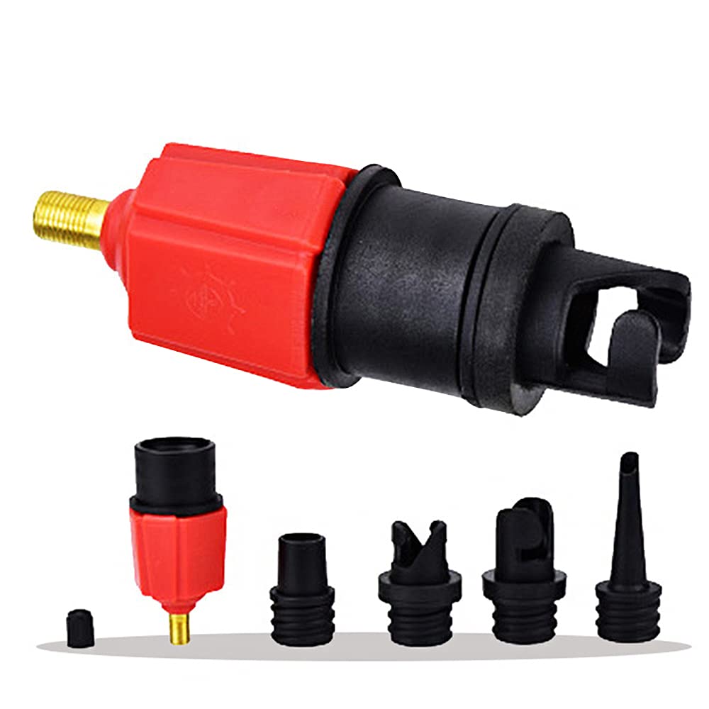 Sprężarka do dmuchanego zaworu pompy, nadmuchiwany adapter zaworu z 4 dyszami do nadmuchiwanego materaca, pierścienia do pływania/basenu, dmuchanego łóżka/sofy, łodzi, kajak - czerwony