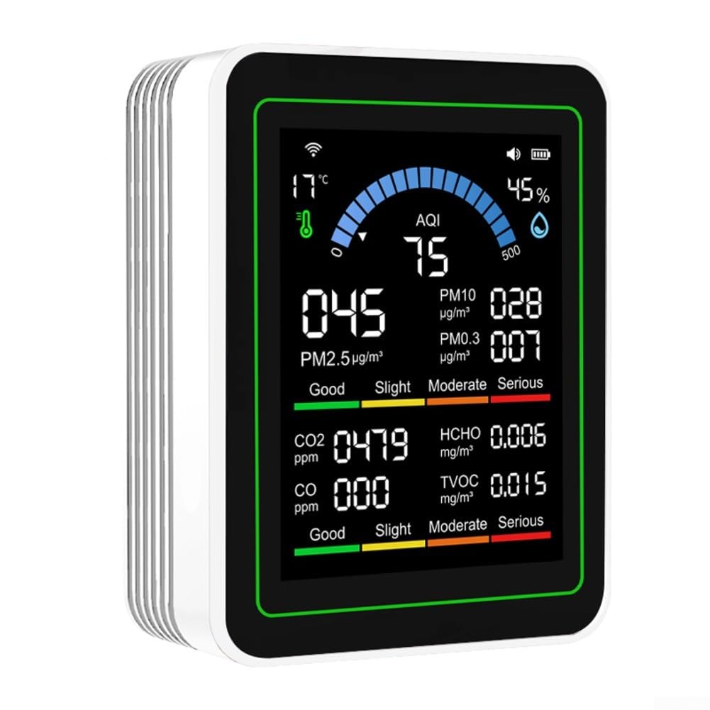 UrbanHui 10 in 1 Air Quality Monitor for Tuya WiFi, PM2.5 Detector, Carbon Dioxide CO HCHO Sensor, Temperature & Humidity Tester, 2.8 Inch TFT Display, Rechargeable Battery(white)