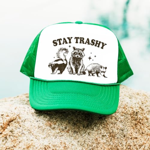 Image of Stay Trashy Funny Raccoon Graphic Classic 5 Panel Mesh Snap Back Trucker Hat