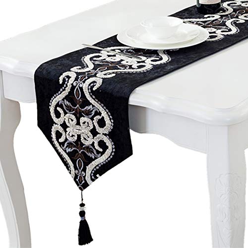 テーブルランナー タッセル付き 北欧風 刺 テーブルクロス 結婚式 クリスマス パーティー 33 x 160cm ブラック