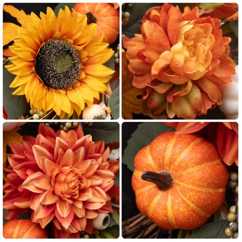 Image of Artificial Fall Wreaths for Front Door 24 Inch Harvest Autumn Leaf Wreath | Realistic Fall Door Wreath with Sunflowers,Dahlias,Pumpkins & Berries-Indoor Outdoor Thanksgiving,Halloween,Porch,Wall Decor