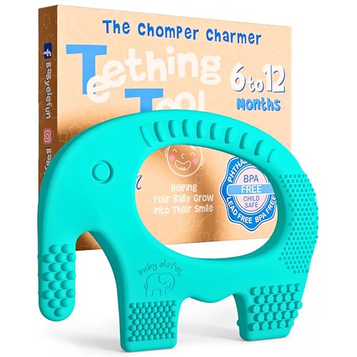 Image of Teethers for Babies 6-12 Months - Baby Elefun 5x Pain Relief Toddler Teether. No More Ouch for Mom Anti Bite Trainer. Nurtures Grasping, Passing, Hand Eye Coordination. Silicone Baby Teething Toy Ring
