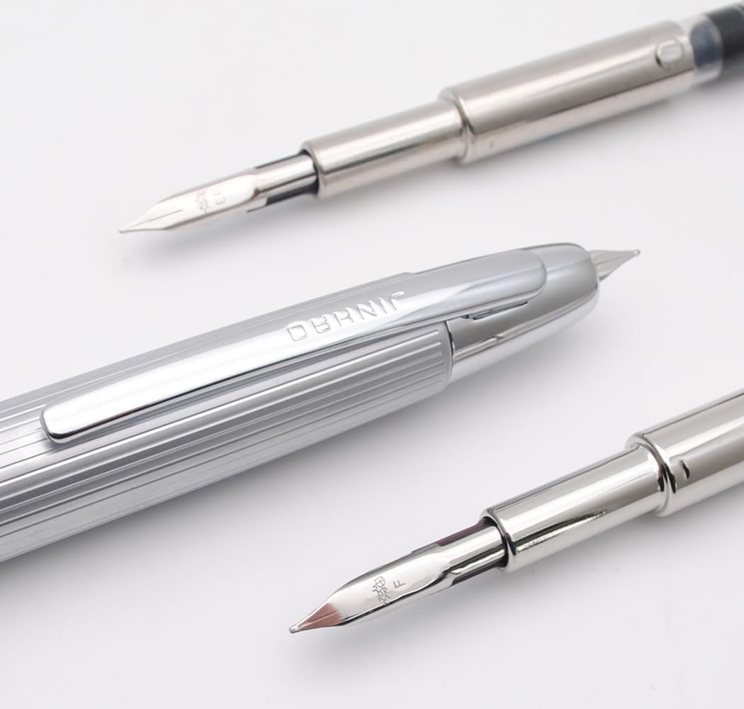 JINHAO 10 Press Fountain Pen Retractable Metal Pen with Ink Converter (Fine Nib, Silver Stripe) - Image 2