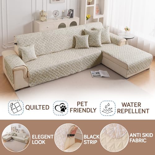 Image of HOKIPO 'Elira Series' Printed Quilted One-Piece L Shape 4 Seater (2+2) Sofa Cover Mat with Right Chaise | Anti-Slip Backing & SecureFit Belt, Beige Abstract Geometry (AR-6228-C3)