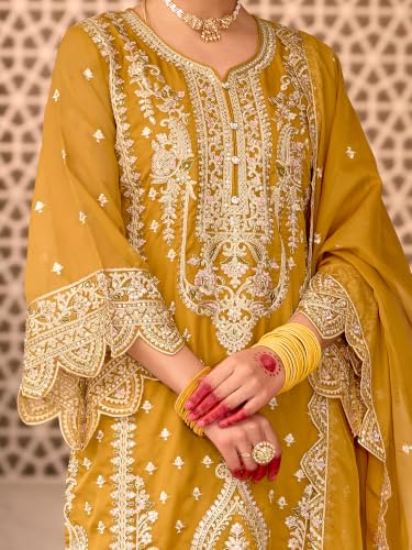 Image of INDO ERA Women's Straight Organza Ethnic Motifs Embroidered Kurta & Pant With Dupatta Set (KH9YL10613)