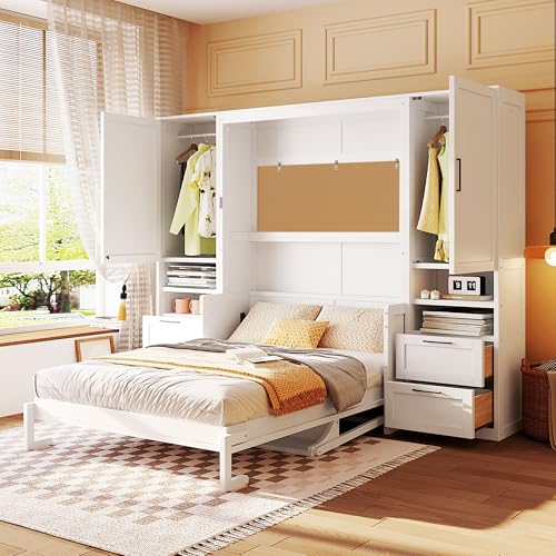 Image of Merax Full Size Murphy Bed with Desk, Closet, Drawers and Shelves, Multifunctional Foldable Wood Platform Bed Frame for Small Spaces Studio Study Office Guest Room, Space-Saving Design, White