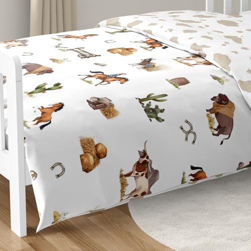 Image of Sweet Jojo Designs Western Cowboy Boy Toddler Bedding Set Kid Children 5p Bed in a Bag Comforter Blanket Pillowcase Sham Sheets Wild West Cow Print Southern Charm Country South Horse Steer Farm Animal