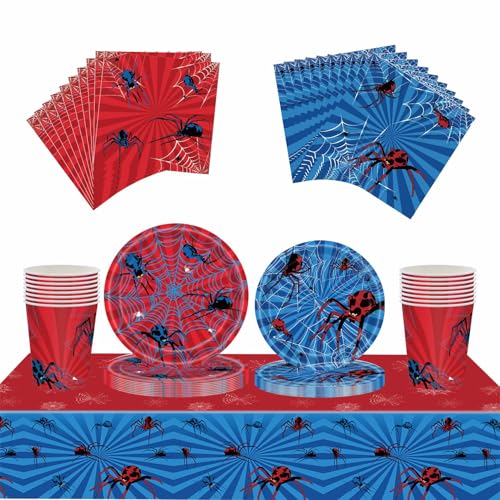 69Pcs Red Blue Spider Birthday Party Tableware Decorations Table Cloth 7inch 9inch Paper Plates Paper Napkins and Cups for Boy Kids Birthday Favors